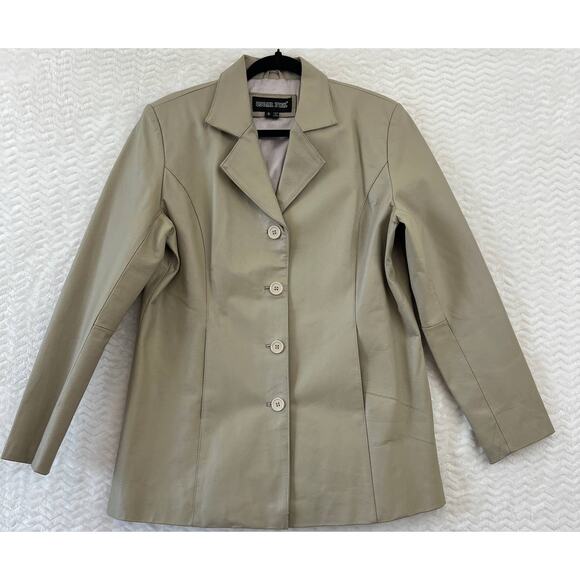Oscar Piel Vintage Beige Cream Genuine Leather 90s Blazer Jacket Womens Sz Small - Picture 1 of 16